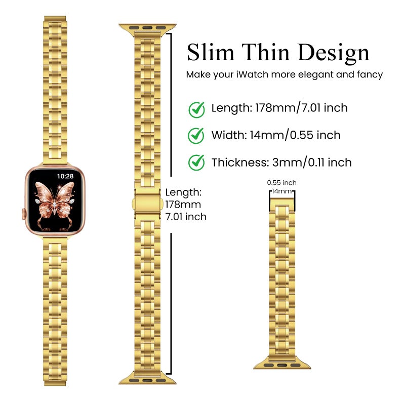 STIROLL Thin Replacement Band Compatible for Apple Watch 49mm 46mm 45mm 44mm 42mm(Series 3 2 1), Stainless Steel Metal Wristband Women Men for iWatch Ultra SE Series 11 10 9 8 7 6 5 4, Gold (no case) - Image 3